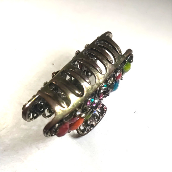 Hair Claw Clip Rhinestone Bright Colored Bejeweled Copper Tone Metal - Picture 3 of 5